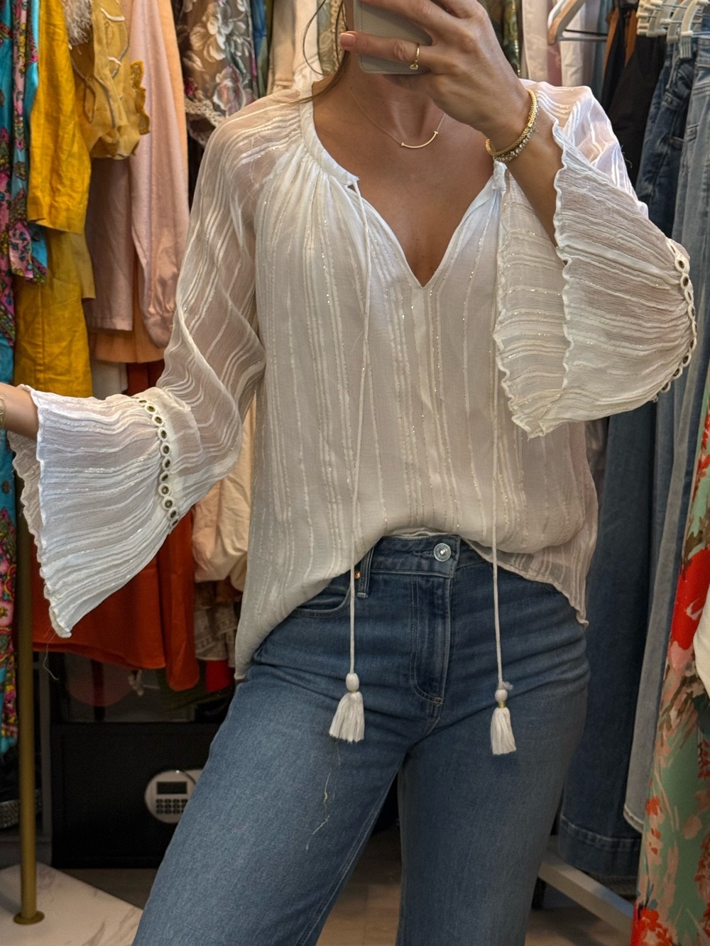 Ramy Brook White Peasant Blouse with Tassel Ties